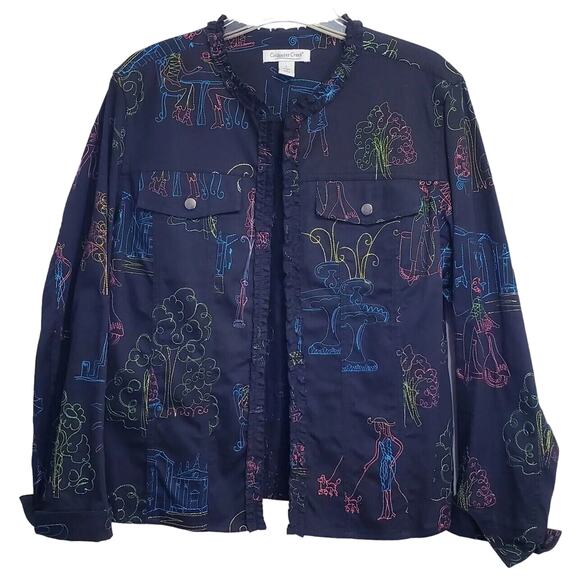 Coldwater Creek Womens Large Black Denim Jean Jacket Embroidered Lightweight VGC - Picture 1 of 14